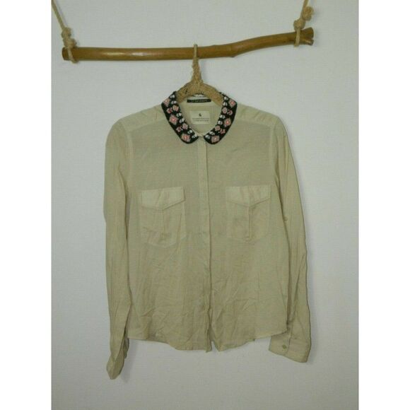 Scotch & Soda Shirt Beige Beaded Collar La Femme Selon Marie Button Down Size 2 - Picture 6 of 11